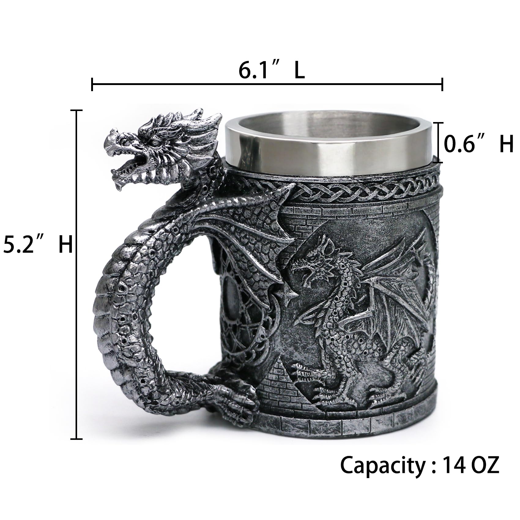 alikiki Medieval GOT Dragon Mug - Dragons Coffee Mug Gifts for Men - 14OZ Stainless Drinking Cup Beer Steins Dragon Themed Party Decoration