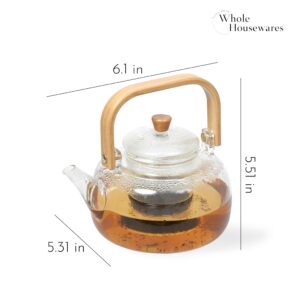 WHOLE HOUSEWARES Glass Teapot with Infuser - Borosilicate Glass Tea Kettle with Bamboo Lid - Clear Tea Pot - Dishwasher & Stovetop Friendly - Microwave Safe - Tea Lovers Gift Cups