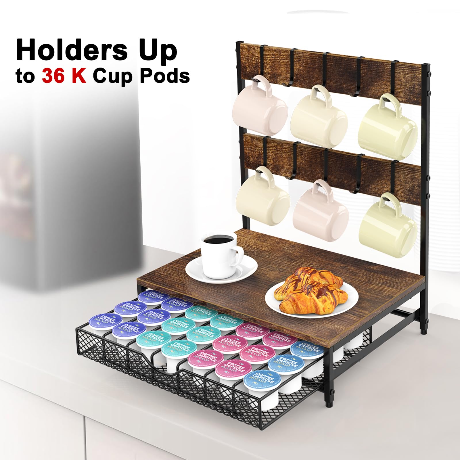 NANANARDOSO Coffee Pod Holder For Counter, 5 Tier Coffee Pod Drawer for Keurig Pod Storage Drawer Holder, 90 Capacity Pods Storage Organizer Cups Capsule with Sliding Baskets for Coffee Station