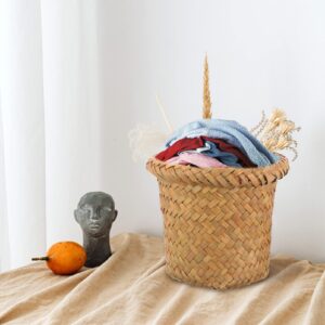 Operitacx Wicker Trash Basket Natural Woven Trash Bin Seagrass Waste Basket Round Trash Baskets Garbage Bin Basket Organizer Bedroom Offices Decoration Office Accessories