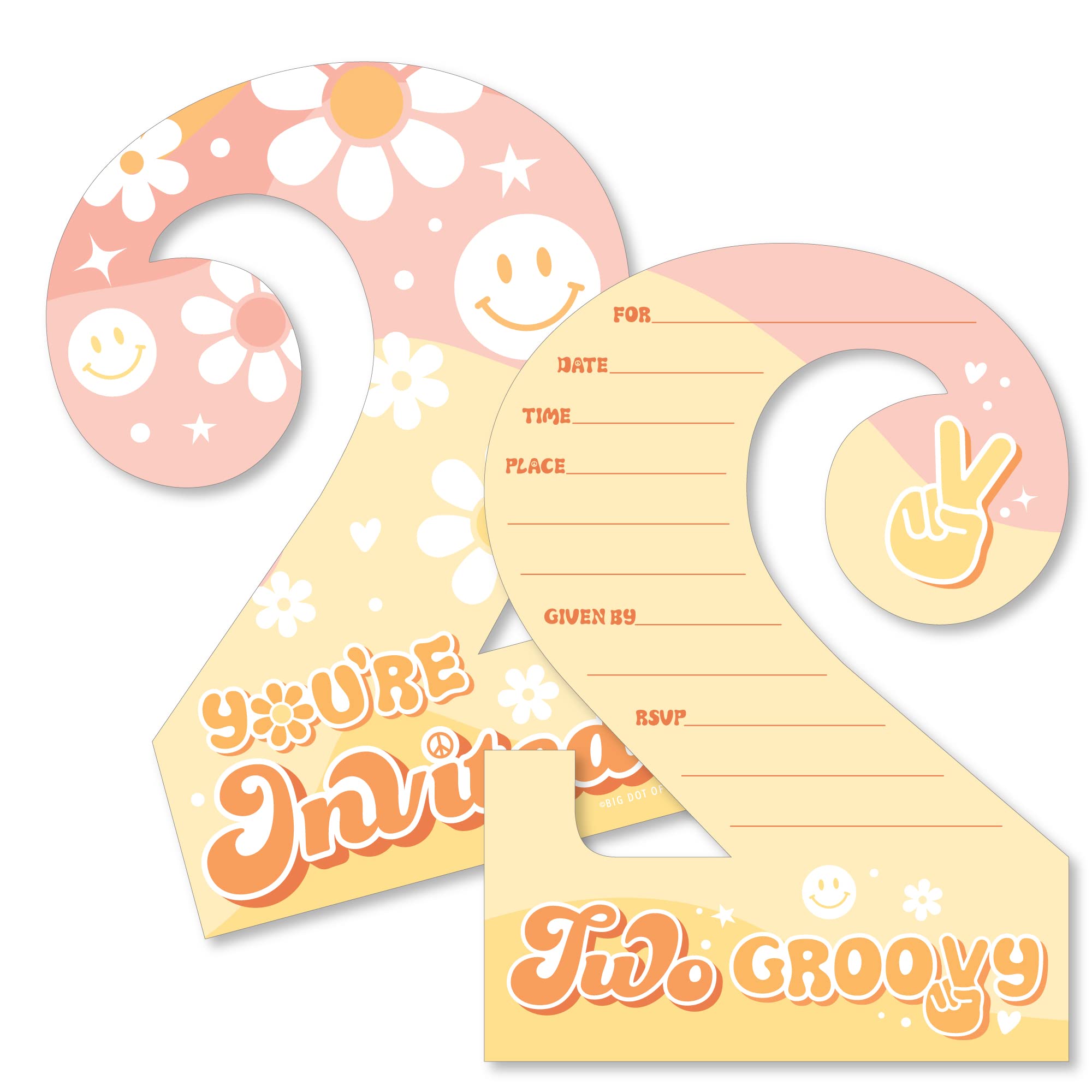 Big Dot of Happiness Two Groovy - Shaped Fill-In Invitations - Boho Hippie Second Birthday Party Invitation Cards with Envelopes - Set of 12