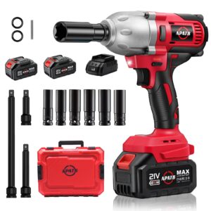 apatb 1/2 inch impact wrench, max torque 950n.m(700ft-lbs) cordless brushless impact wrench, 3300rpm high torque electric impact gun with 2x 4.0ah li-ion battery, charger, 3 extension bars, 6 sockets