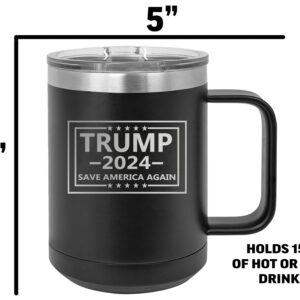 Rogue River Tactical Donald Trump 2024 Save America Heavy Duty Stainless Steel Black Coffee Mug Tumbler With Lid Novelty Cup Great Gift Idea For Conservative or Republican