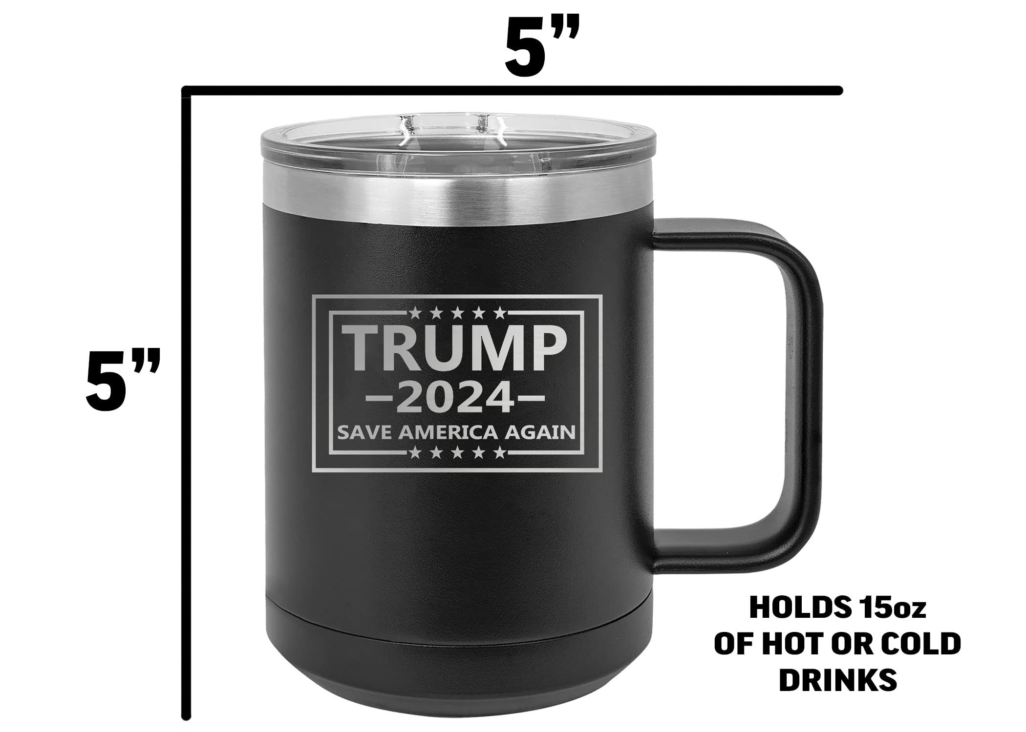 Rogue River Tactical Donald Trump 2024 Save America Heavy Duty Stainless Steel Black Coffee Mug Tumbler With Lid Novelty Cup Great Gift Idea For Conservative or Republican