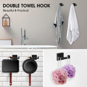 BOZWELL Double Towel Hooks for Bathroom Matte Black Wall Mount，Simple Modern Square Style Coat Robe Hook，Stainless Steel Heavy Duty Door Hanger for Bathroom Bedroom Kitchen Hotel Pool 1502-B-1