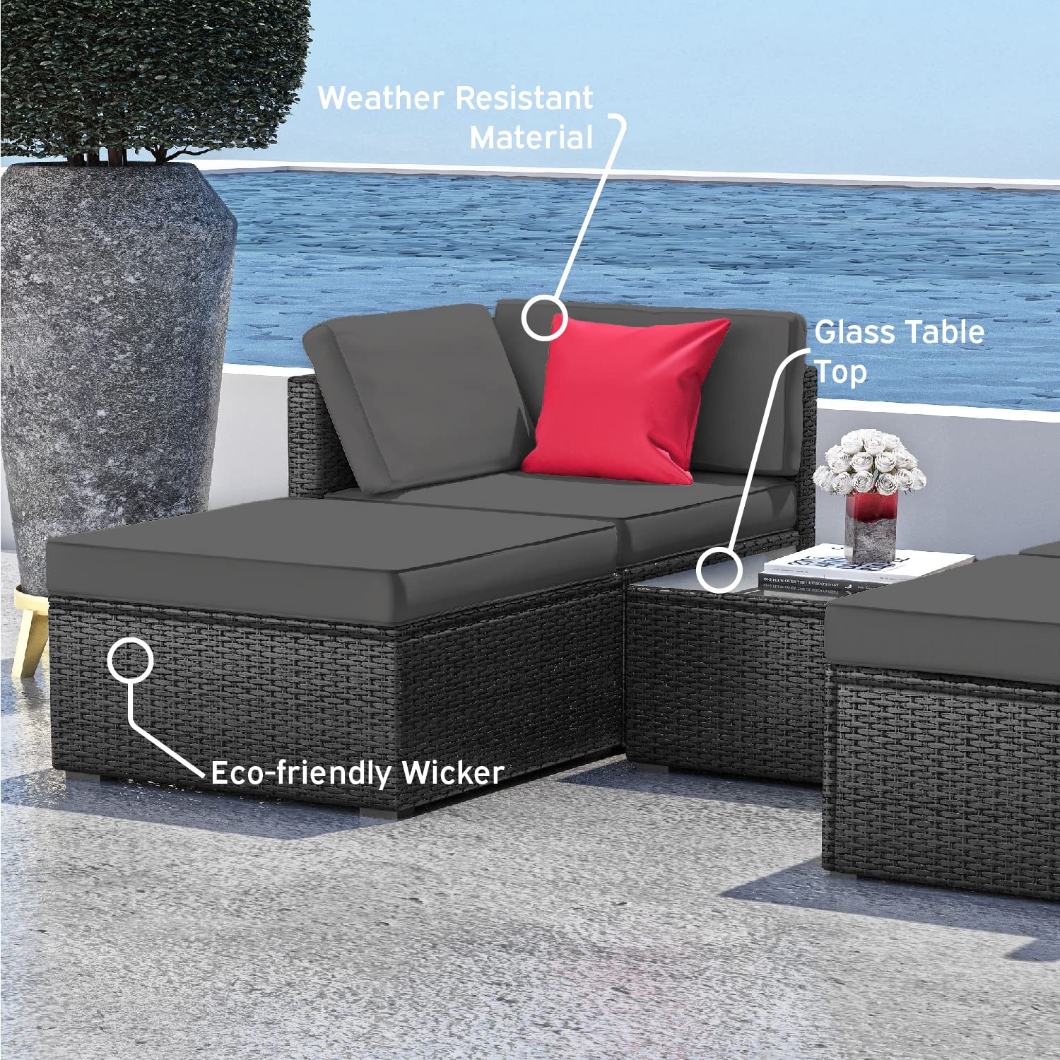 Nestl Outdoor Patio Furniture Set – Outdoor Furniture Patio Set, 5 Piece Patio Furniture Sets with Outdoor Couch, Outdoor Sectional Patio Seating with Gray Cushions, Black Wicker Patio Furniture Sets