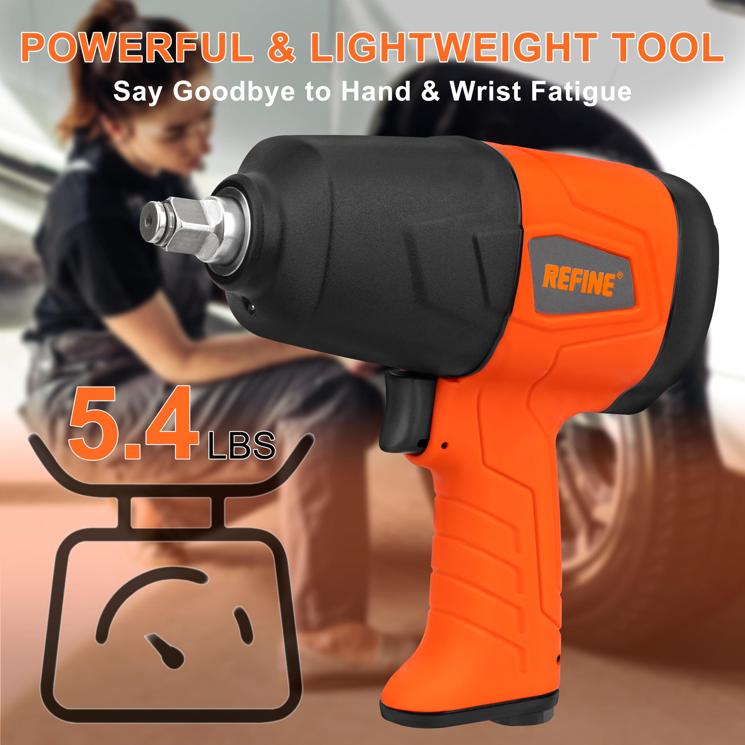 REFINE 1/2 Inch Air Impact Wrench, Air Impact Gun with Max Torque 663 ft-lbs,Reversible,Twin Hammer,Pneumatic Impact Gun for Automobile Industry,Changing Tires