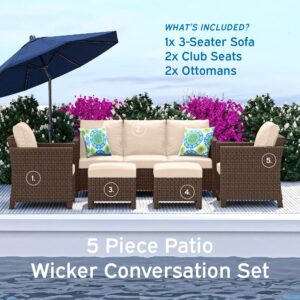 Nestl Patio Furniture Set - Outdoor Patio Furniture Sets, Patio Sectional Furniture Set, 5 Piece Patio Furniture Sets, Patio Conversation Sets, Brown Wicker Patio Furniture Sets with Beige Cushions