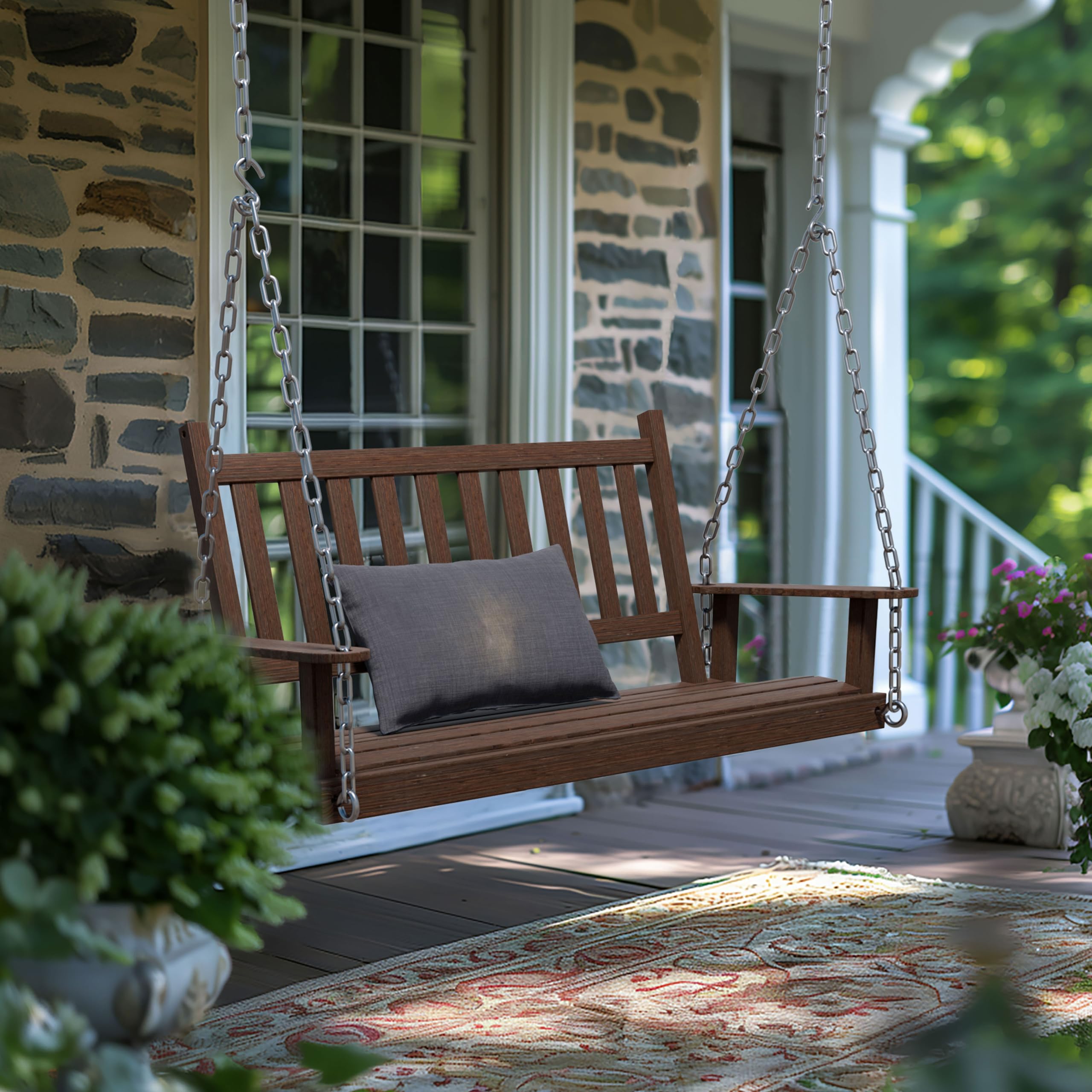 VEIKOU Wooden Porch Swing, 4FT Patio Swing with Hanging Chains, Armrest, Heavy Duty 550lbs, Outdoor Swing for Patio Garden Yard, Rustic