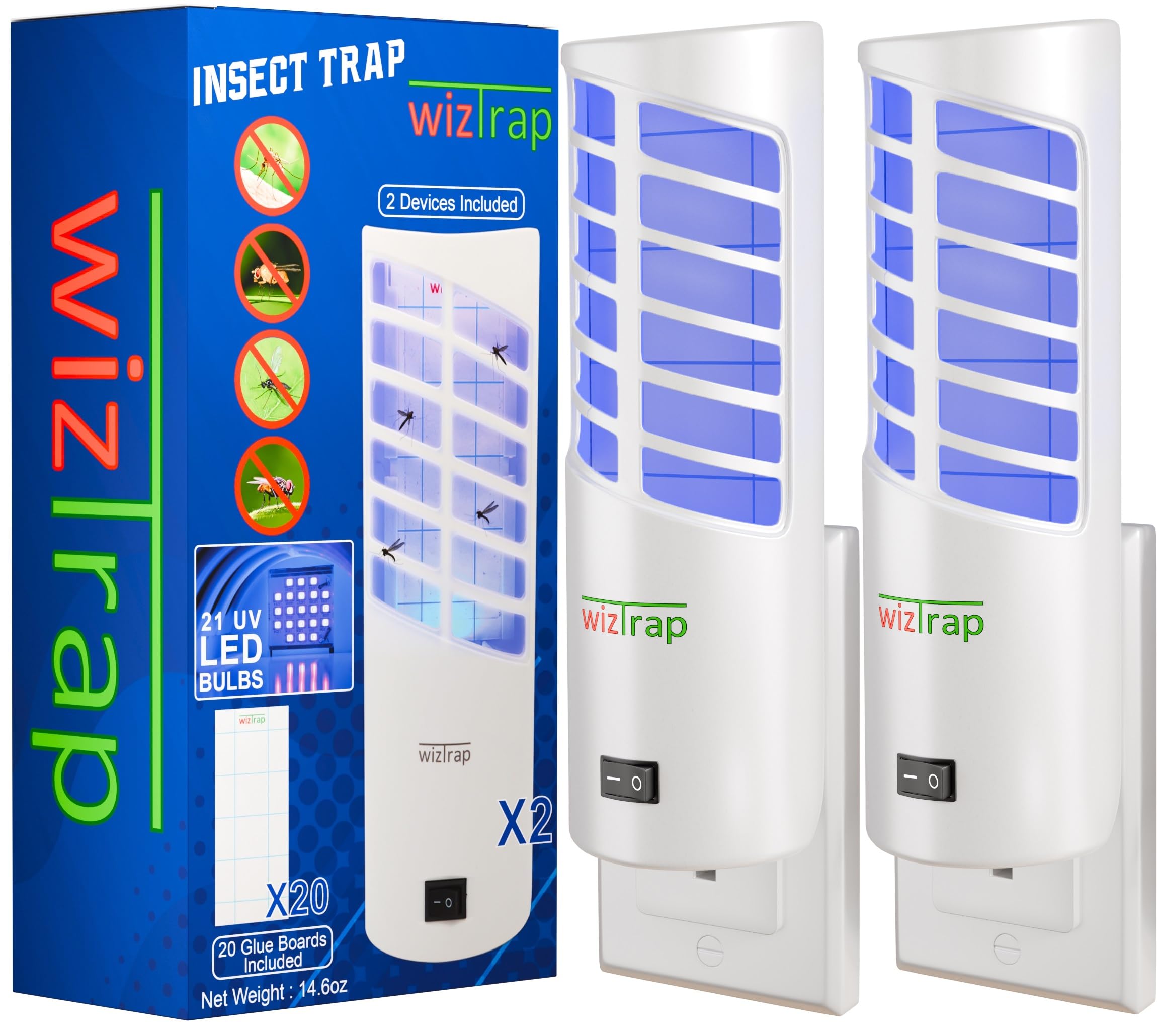 WizTrap™ 2-Pack Large Indoor Plug in Fly Trap, 21 UV LED Bulbs, 10 Sticky Glue Board Refills, A Home Gnat Trap, Moth Trap, Flies, Bug Trap, Mosquito Trap! (2 Devices 10 Glue Boards)