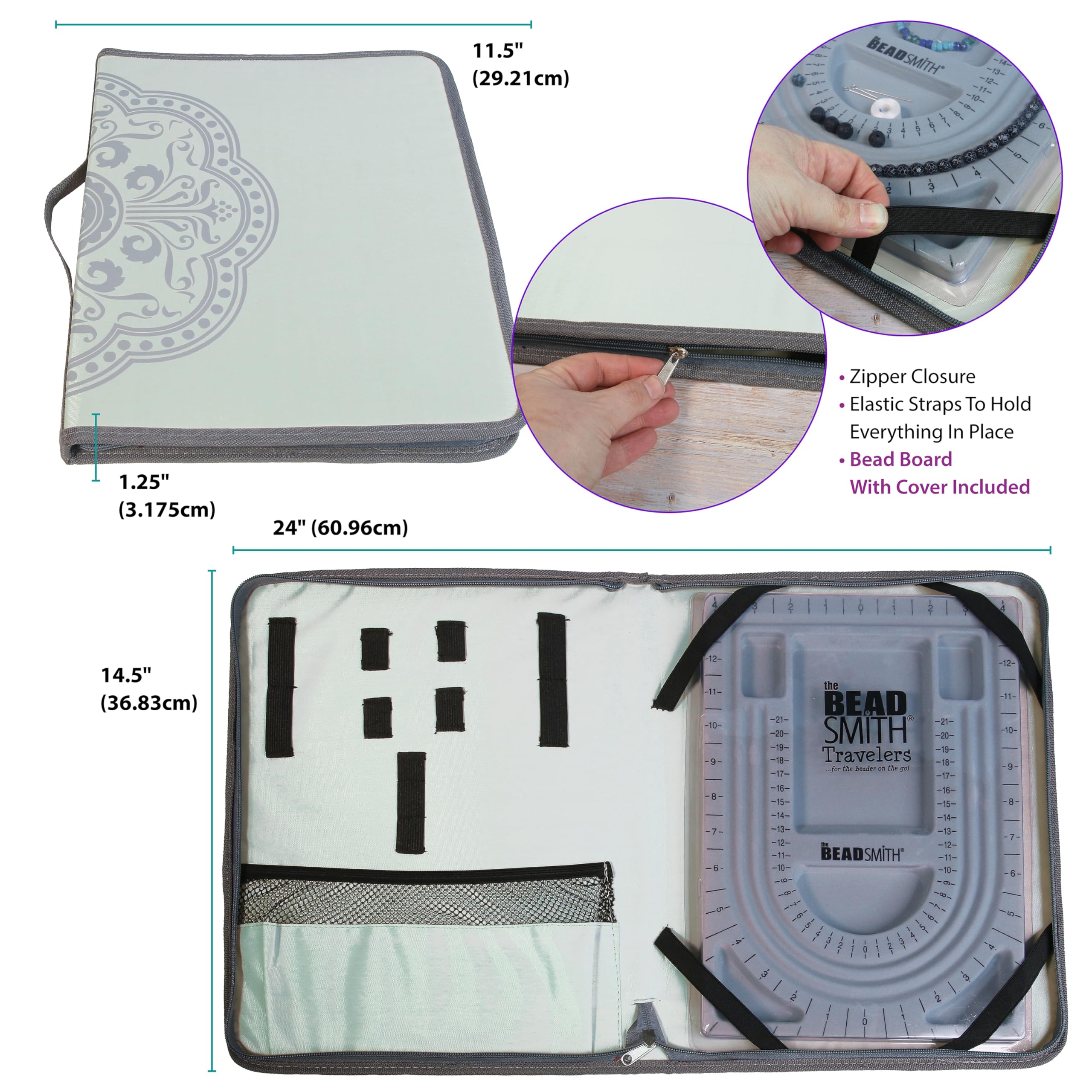 The Beadsmith Bead Folio Kit – Basic Elements – 28” U Channel Bead Board with Lid, Zippered Storage Case & 4-Piece Plier Set– Keep Your Designs, Beads & Tools Secure – Jewelry Making Supplies