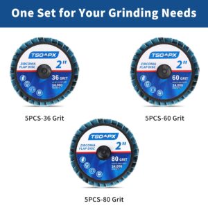 TSOAPX 15 PCS Flap Disc Set, 2" Zirconia Blue Flat Flap Discs Roll Lock Grinding Sanding Sandpaper Wheels Grit 36/60/80, Surface Prep Discs for Angle Grinder Strip Rust Paint Removal