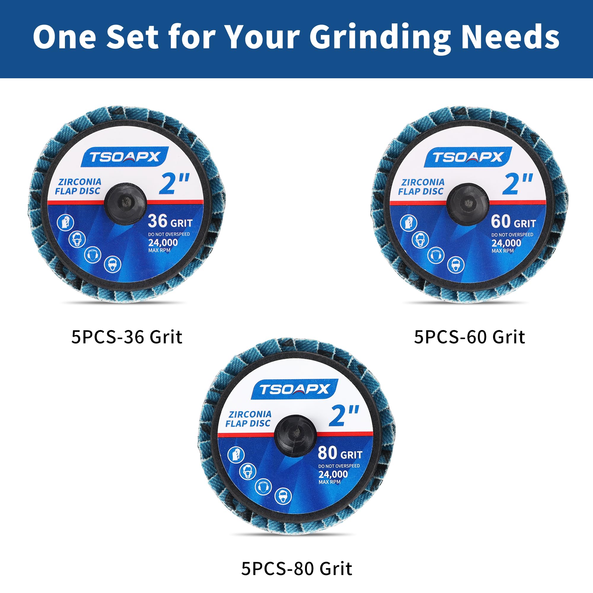 TSOAPX 15 PCS Flap Disc Set, 2" Zirconia Blue Flat Flap Discs Roll Lock Grinding Sanding Sandpaper Wheels Grit 36/60/80, Surface Prep Discs for Angle Grinder Strip Rust Paint Removal