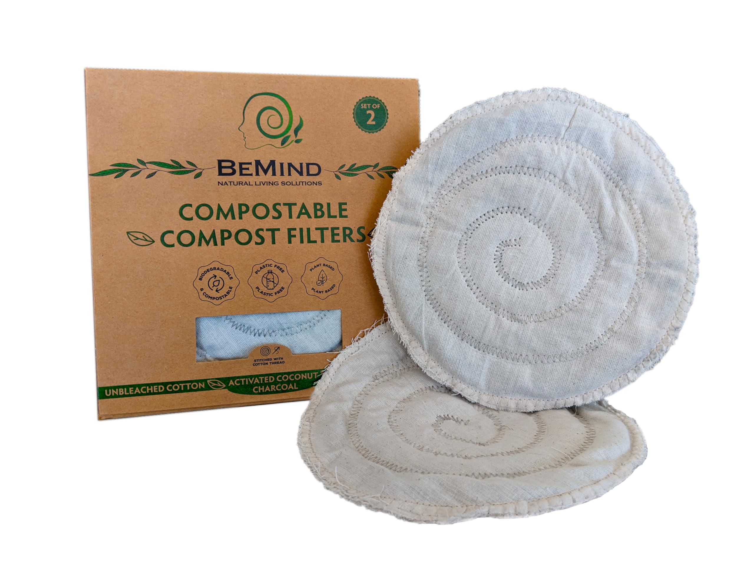 BeMind Compostable Compost Bin Filters(2)Plastic Free! Fits Bins 5-8"|Biodegradable Charcoal Filters for Compost Bucket| Zero Waste Compost Filters for Countertop Bin|Compost Bin Filters Charcoal