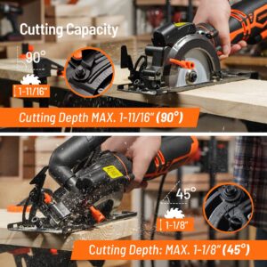 DOVAMAN Circular Saw, 5.8A 4-1/2" Circular Saw w/Laser, Metal Auxiliary Handle, 6 Saw Blades (4½", 4¾"), Cutting Depth 1-11/16" (90°), 1-3/8" (45°), Ideal for Wood, Soft Metal, Plastic, Tile - MCS01A