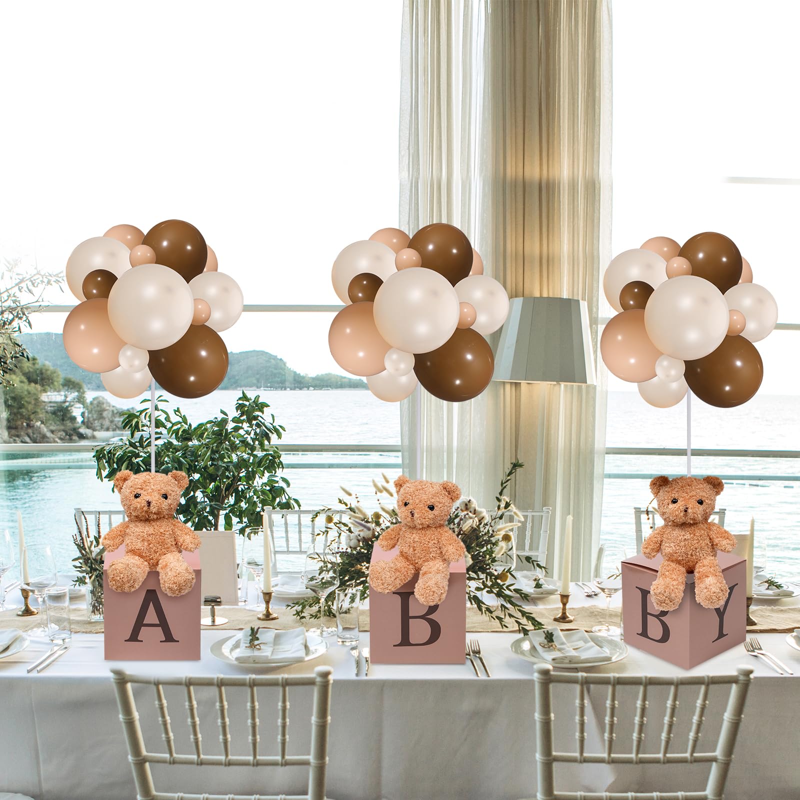 Lenwen 3 Sets Jungle Animal Decoration for Baby Shower, Baby Letter Boxes Baby Shower Table Centerpiece Stuffed Animals Balloon with Stand Animal Plush Baby Boxes for Party(Bear, Brown)