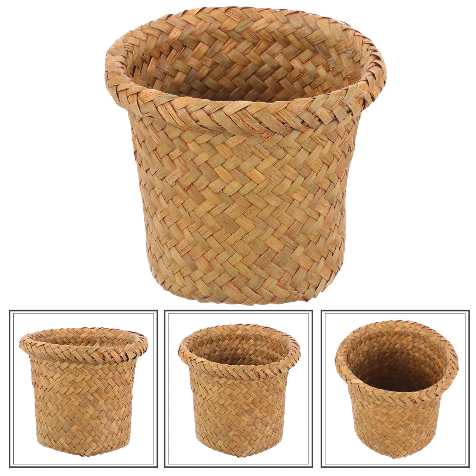 Operitacx Wicker Trash Basket Natural Woven Trash Bin Seagrass Waste Basket Round Trash Baskets Garbage Bin Basket Organizer Bedroom Offices Decoration Office Accessories