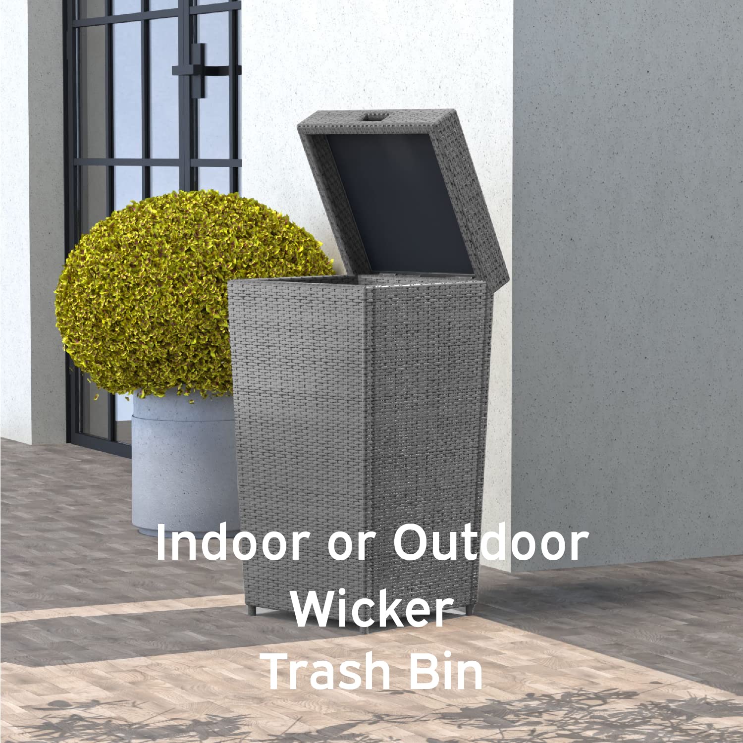 Nestl Outdoor 30 Gallon Grey Trash Can with Lid, Wicker Garbage Can for Patio