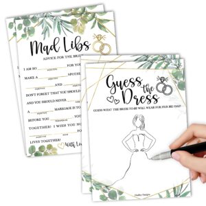 hadley designs 20 greenery bridal shower games for guests - hilarious bridal shower games 20 guests, couples wedding shower games, guess the dress set, advice cards for bridal shower mad libs