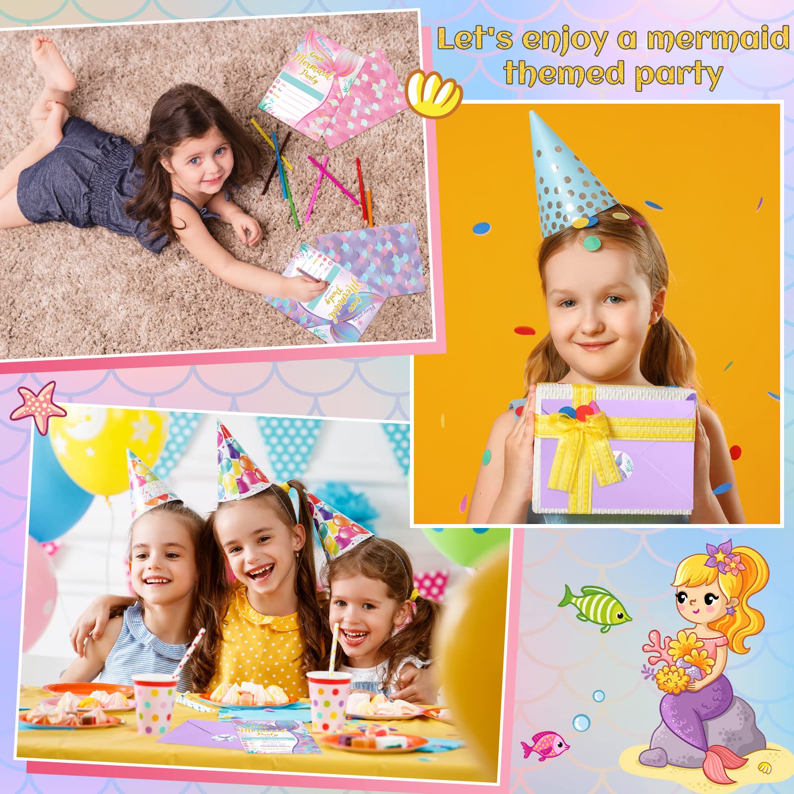 PerKoop Mermaid Themed Birthday Party Invitations - Set of 24 Cards, Envelopes and Stickers