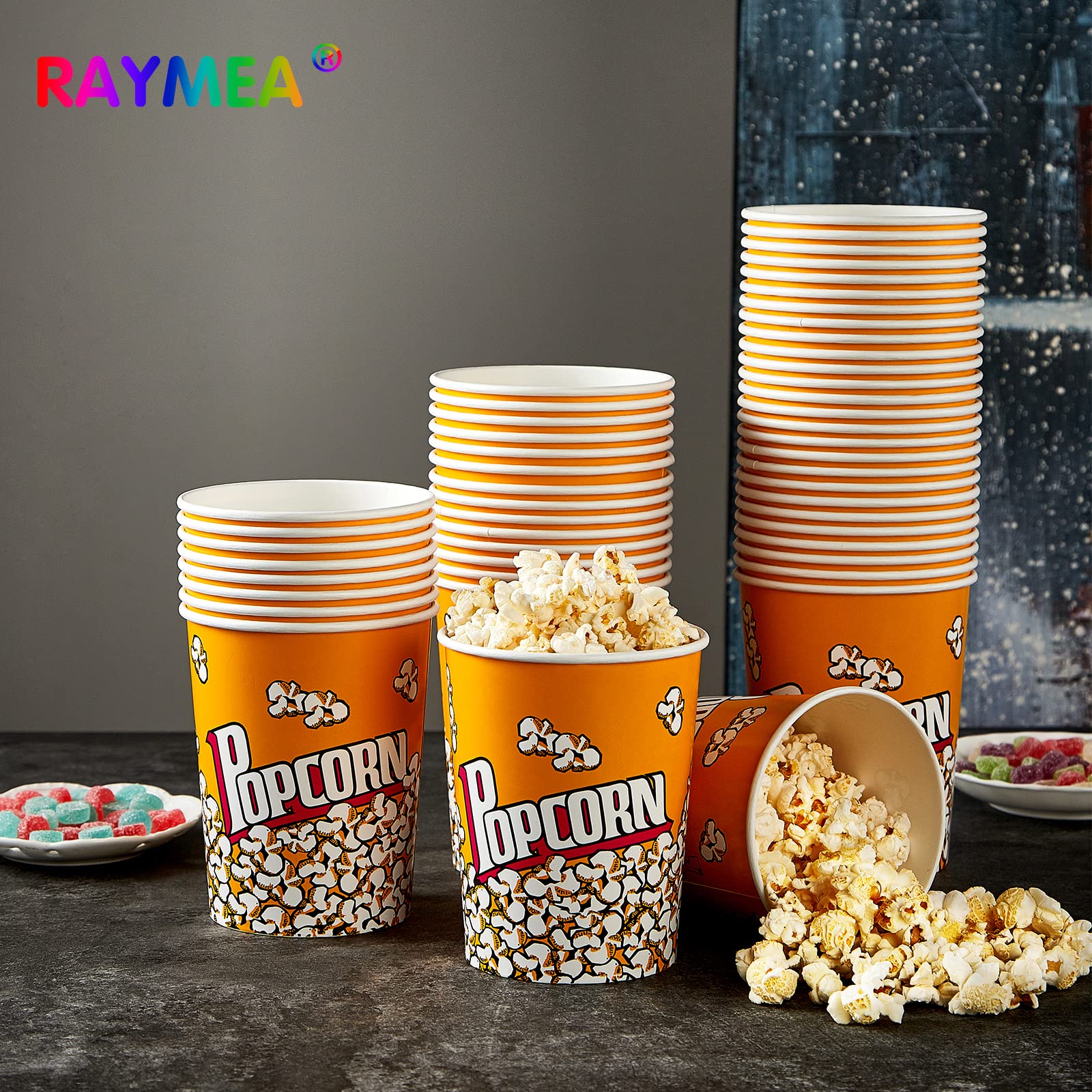 RAYMEA Popcorn Buckets Disposable 32oz Retro Style Paper 25 Pack Leak Proof Popcorn Containers Popcorn Bowls for Family Movie Night & Party