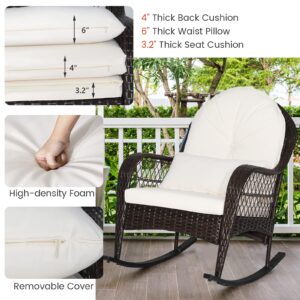 ORALNER Patio Wicker Rocking Chair, Outdoor PE Rattan Rocker with Seat and Back Cushion, Waist Pillow, Armrests, Garden Chair for Porch, Backyard, Poolside, Deck (1, Off White)