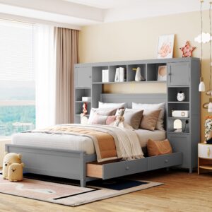 harper & bright designs full storage bed with bookcase headboard, full size platform bed with 4 storage drawers, solid wood full bed frame with cabinet and shelf, no box spring needed (gray)