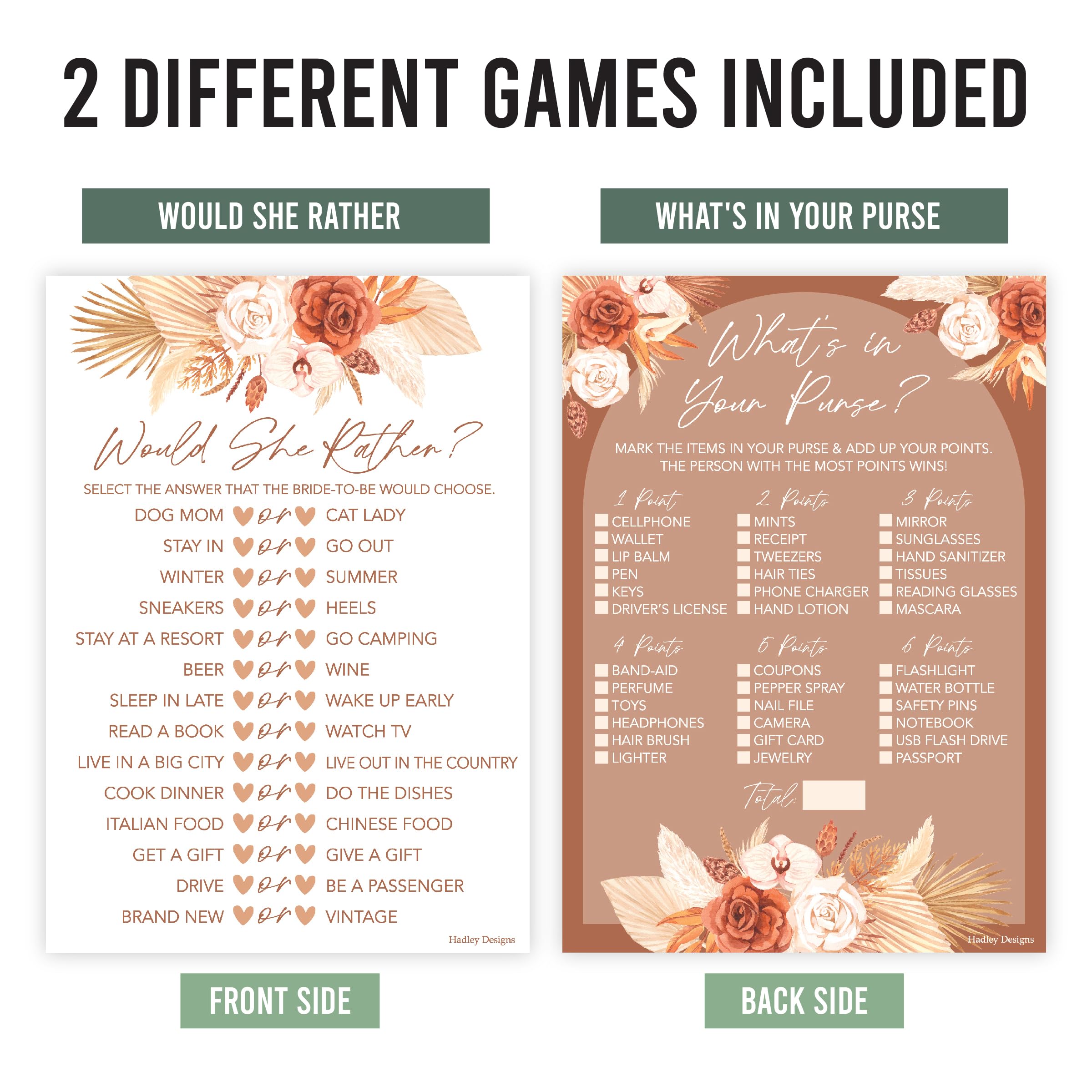 Hadley Designs 20 Boho Hilarious Bridal Shower Games For 20 Guests - Couples Wedding Shower Games, Would She Rather Bridal Shower Game Set, Whats In Your Purse Game Bridal Shower