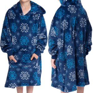 Mad Dog Wearable Fleece Blanket Hoodie, Christmas Matching Family Sets with Long Sleeves for Adults Girls & Boys Xmas Poncho, Kids, Blue Print, 8-13 Years