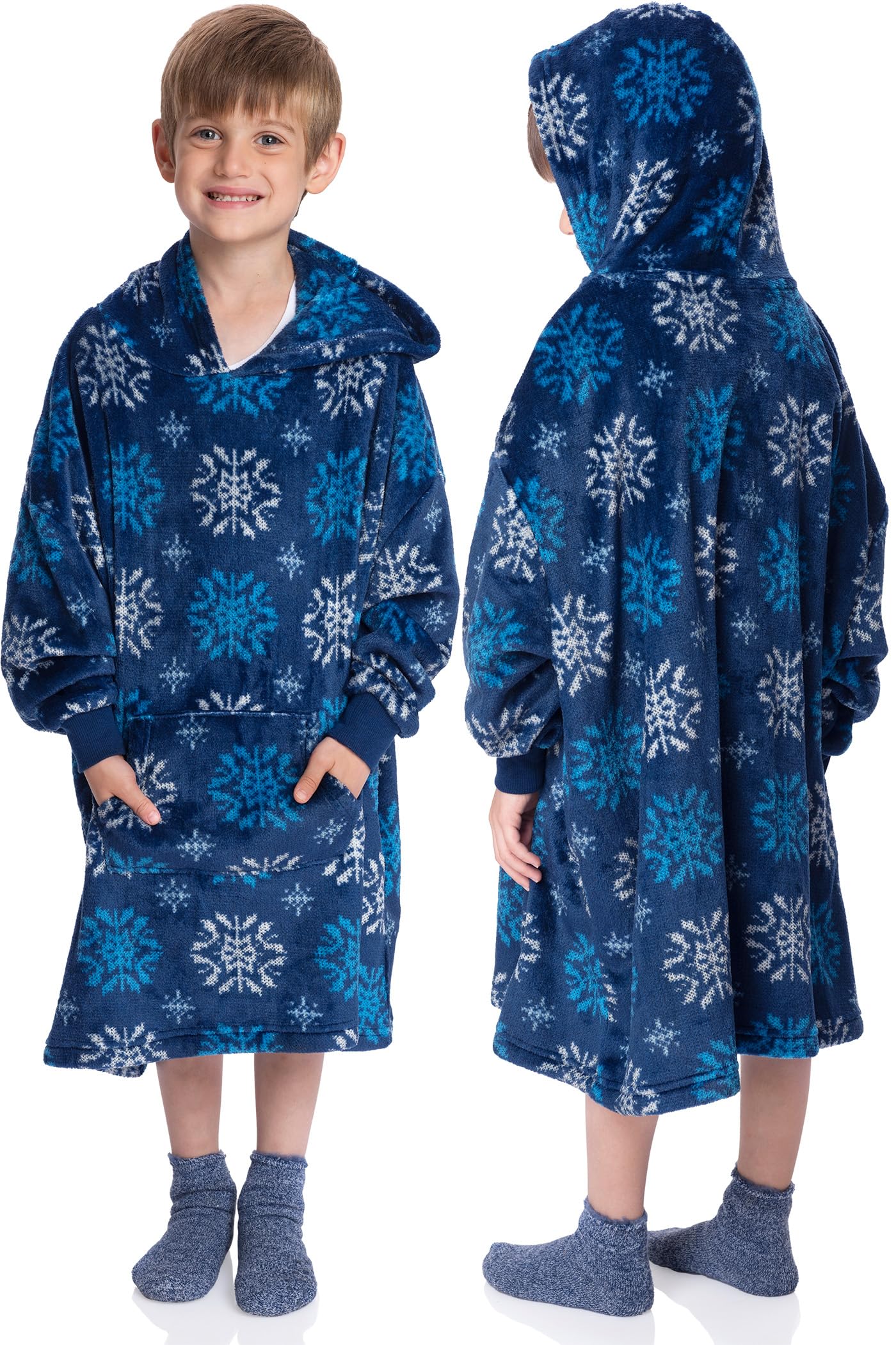 Mad Dog Wearable Fleece Blanket Hoodie, Christmas Matching Family Sets with Long Sleeves for Adults Girls & Boys Xmas Poncho, Kids, Blue Print, 8-13 Years