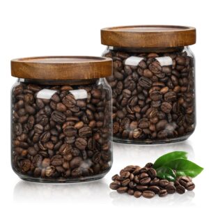 2pcs small glass storage jars with airtight lids, 17 fl oz (500ml) coffee container with wooden lid, glass pantry canister for beans, rice, sugar and etc (2pcs, 500ml)