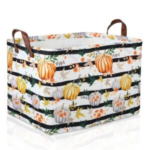 funnewban halloween jack-o-lantern pumpkin storage bin basket collapsible with leather handles waterproof canvas storage cube box for closet toys clothes nursery room decor gift basket