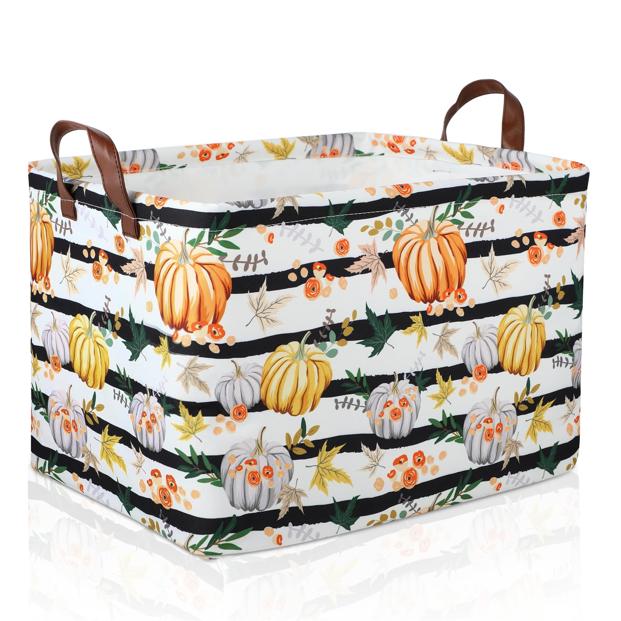 Funnewban Halloween Jack-O-Lantern Pumpkin Storage Bin Basket Collapsible with Leather Handles Waterproof Canvas Storage Cube Box for Closet Toys Clothes Nursery Room Decor Gift Basket