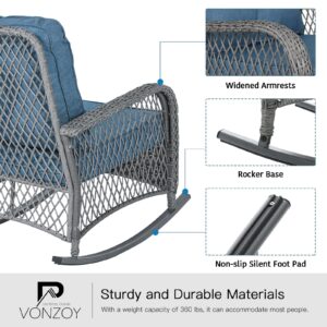 VONZOY Patio Furniture Set 3 Pieces, Wicker Rocking Bistro Set with Thick Cushions, Outdoor Rocker Chairs and Coffee Table for Porch, Backyard or Garden (Blue)