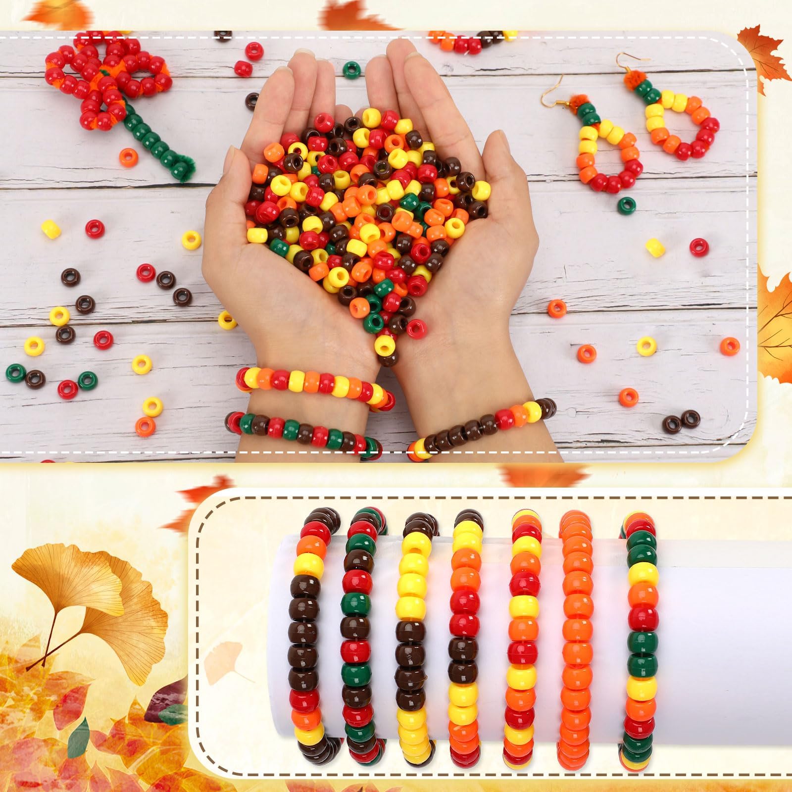 UPINS 1200Pcs Fall Pony Beads, Autumn Thanksgiving Pony Beads for Hair Beads DIY Crafts Thanksgiving Autumn Party Decoration Supplies