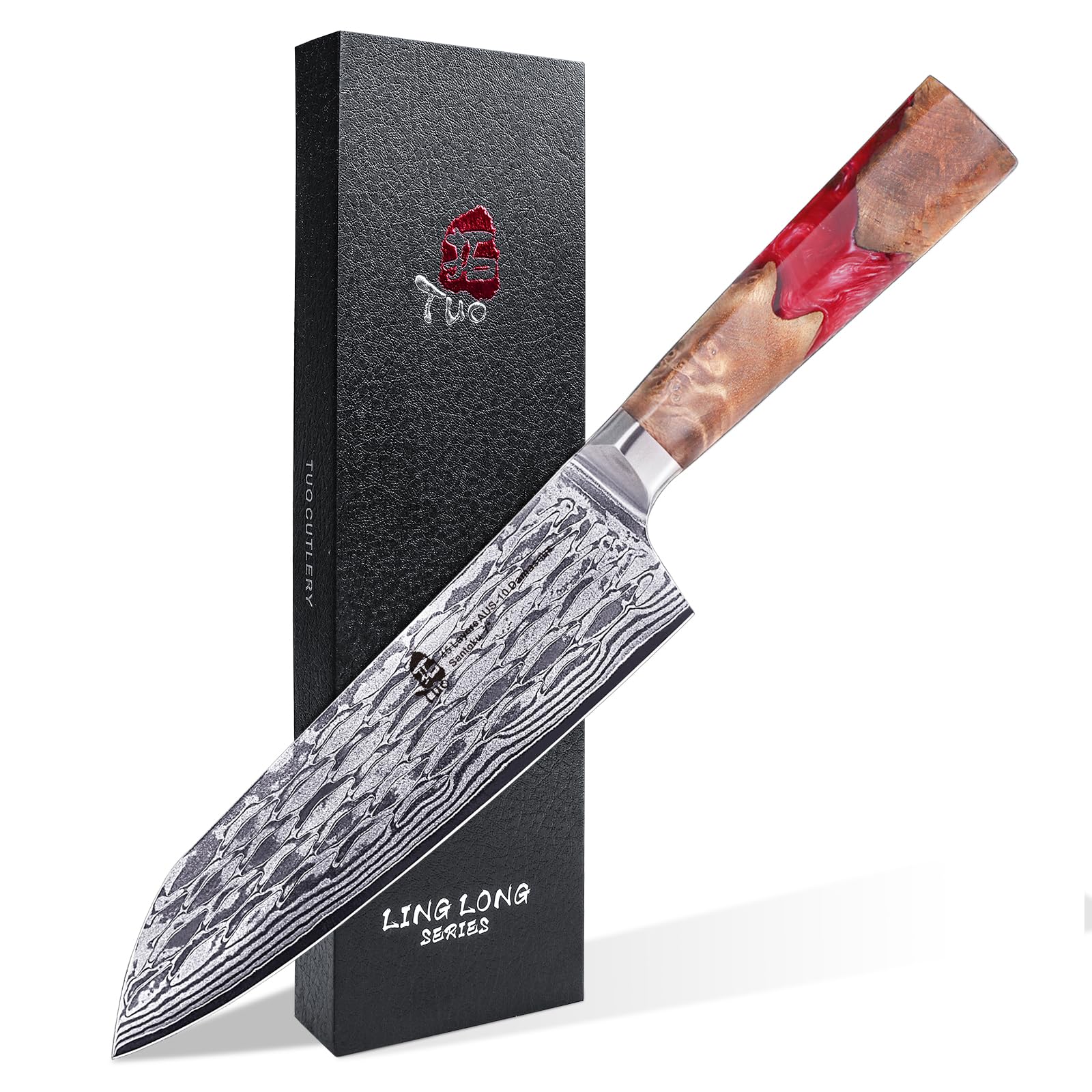 TUO Chef Knife 7 Inch - Japanese Santoku Knife Kitchen Knives, AUS-10 Damascus Steel 45-Layer Hand Forged Resin Handle with Gift Box