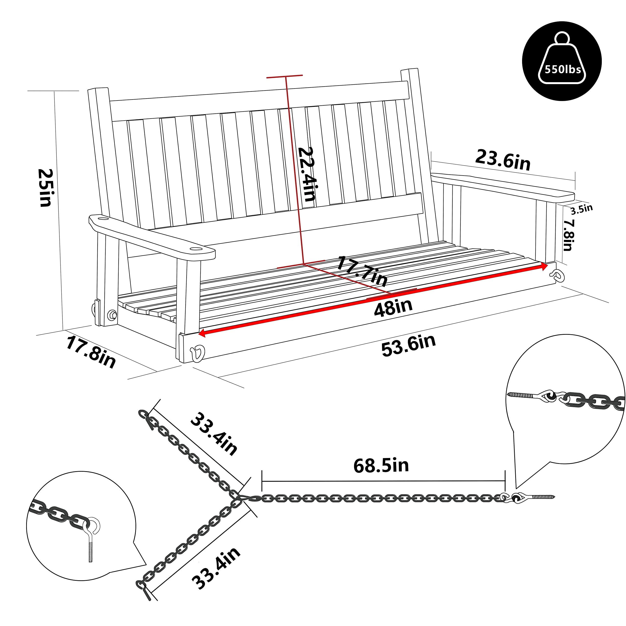 VEIKOU Wooden Porch Swing, 4FT Patio Swing with Hanging Chains, Armrest, Heavy Duty 550lbs, Outdoor Swing for Patio Garden Yard, Rustic