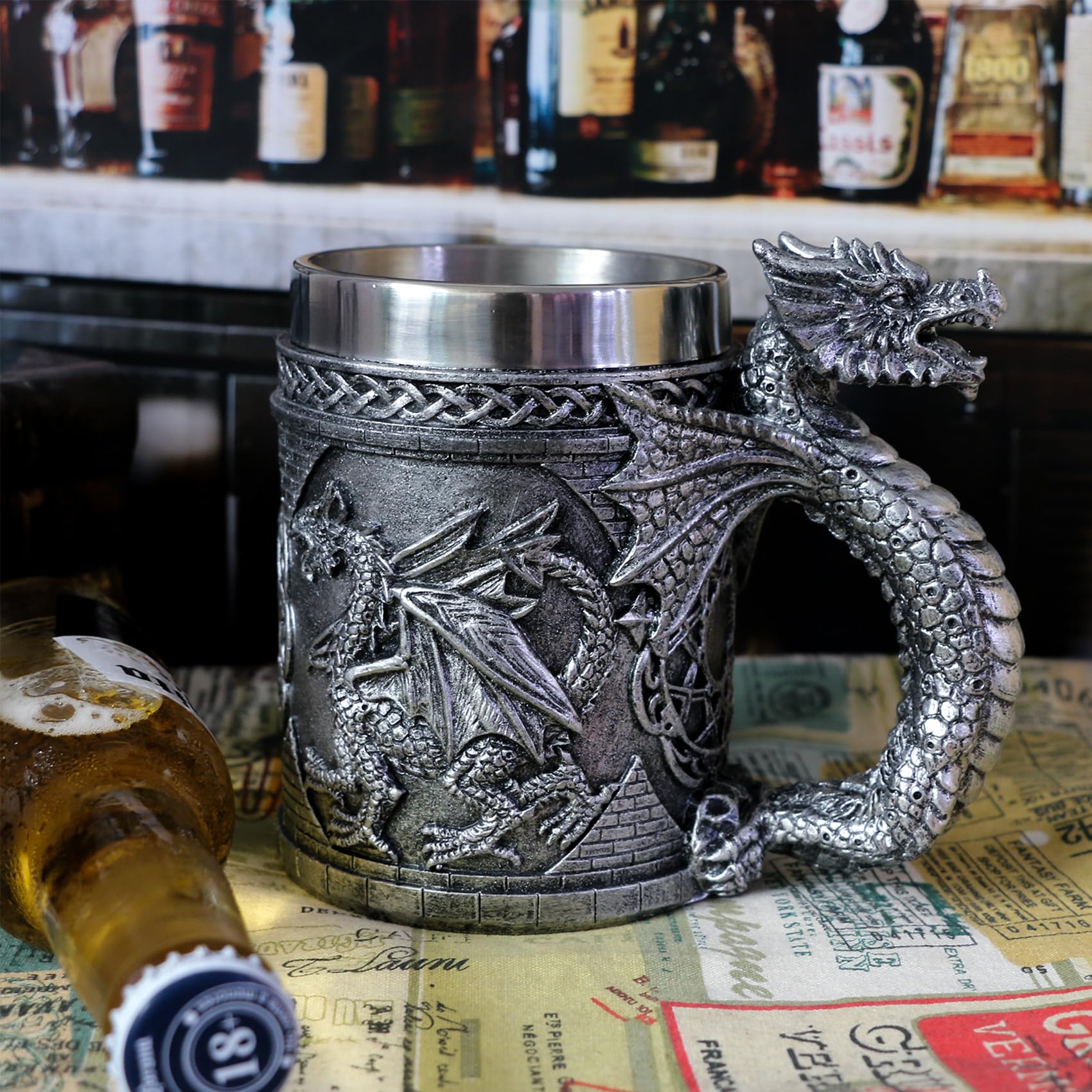 alikiki Medieval GOT Dragon Mug - Dragons Coffee Mug Gifts for Men - 14OZ Stainless Drinking Cup Beer Steins Dragon Themed Party Decoration