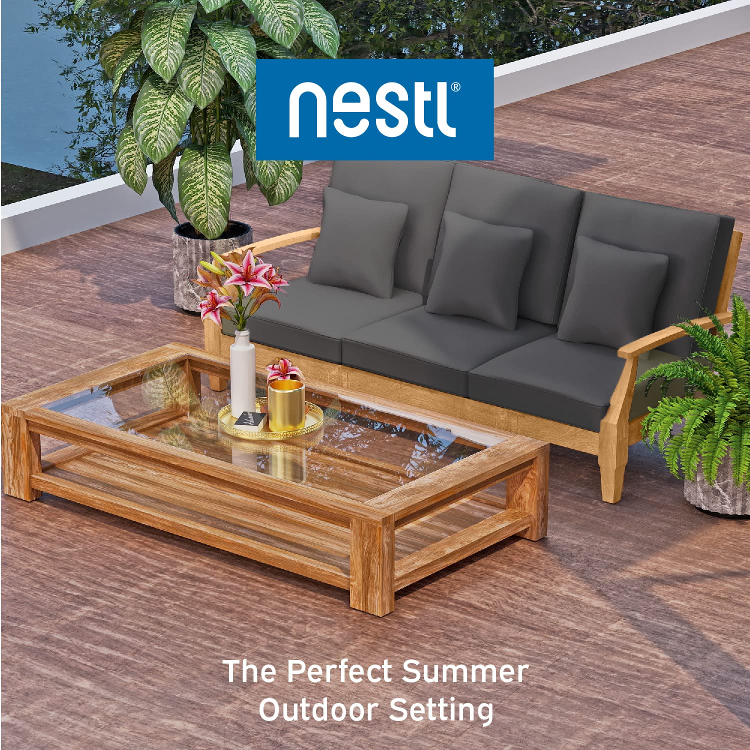 nestl Outdoor Couch – Wooden Outdoor Sofa, Outdoor Patio Couch with All-Weather Cushions, Natural Wood Grain Patio Sofa, Outdoor Couch Patio Furniture, Patio Sofas with Gray Outdoor Sofa Cushions