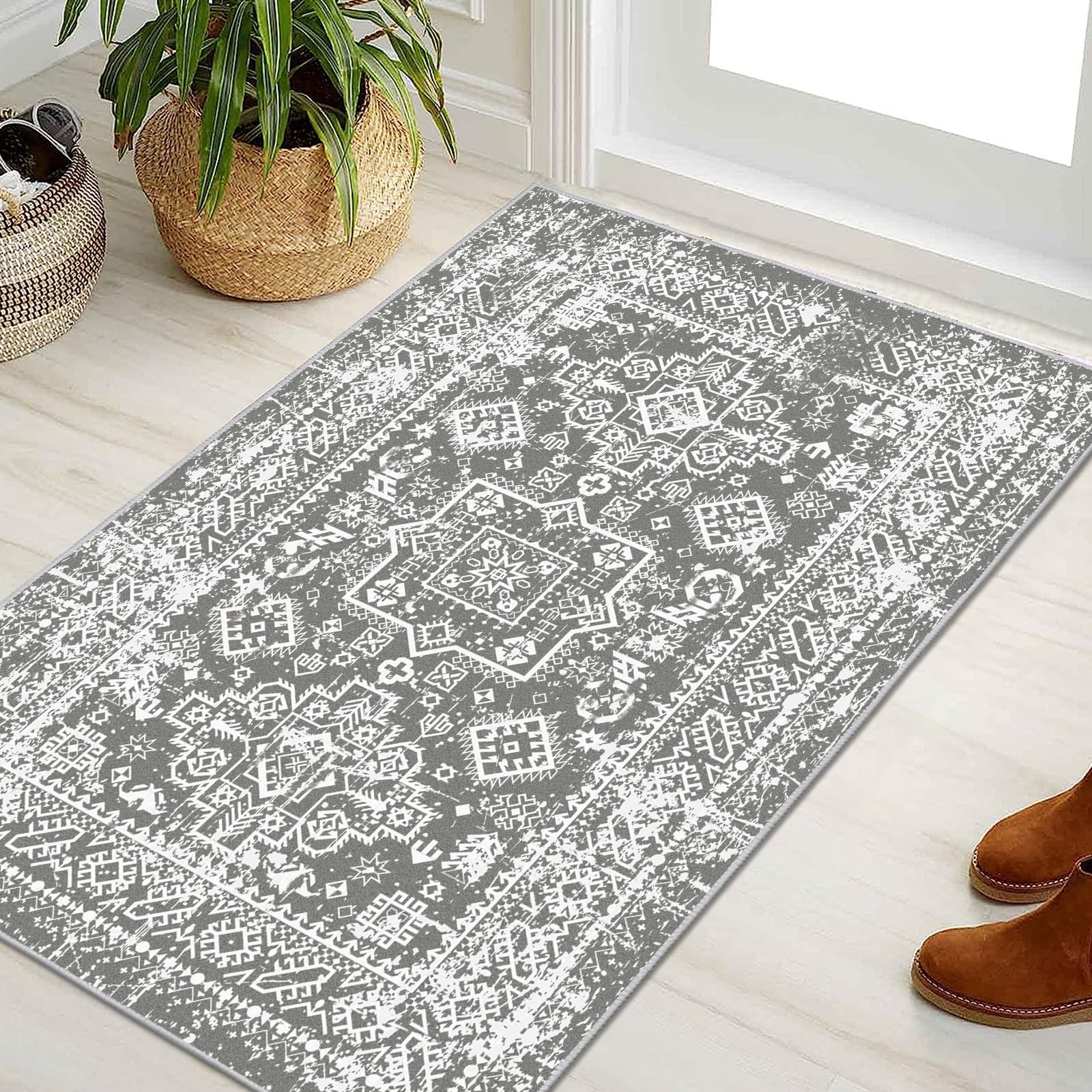 Pauwer Grey 3'x5' Area Rug, Faux Wool, Machine Made, Non-Slip, Washable, Bohemian, Retro, Vintage, Kitchen Hallway Living Room Runner