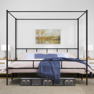 YITAHOME Queen Size Bed Frame, Metal Canopy Four Poster Bed Frame with Built-in Headboard Strong Metal Slat Mattress Support, No Box Spring Needed, Black