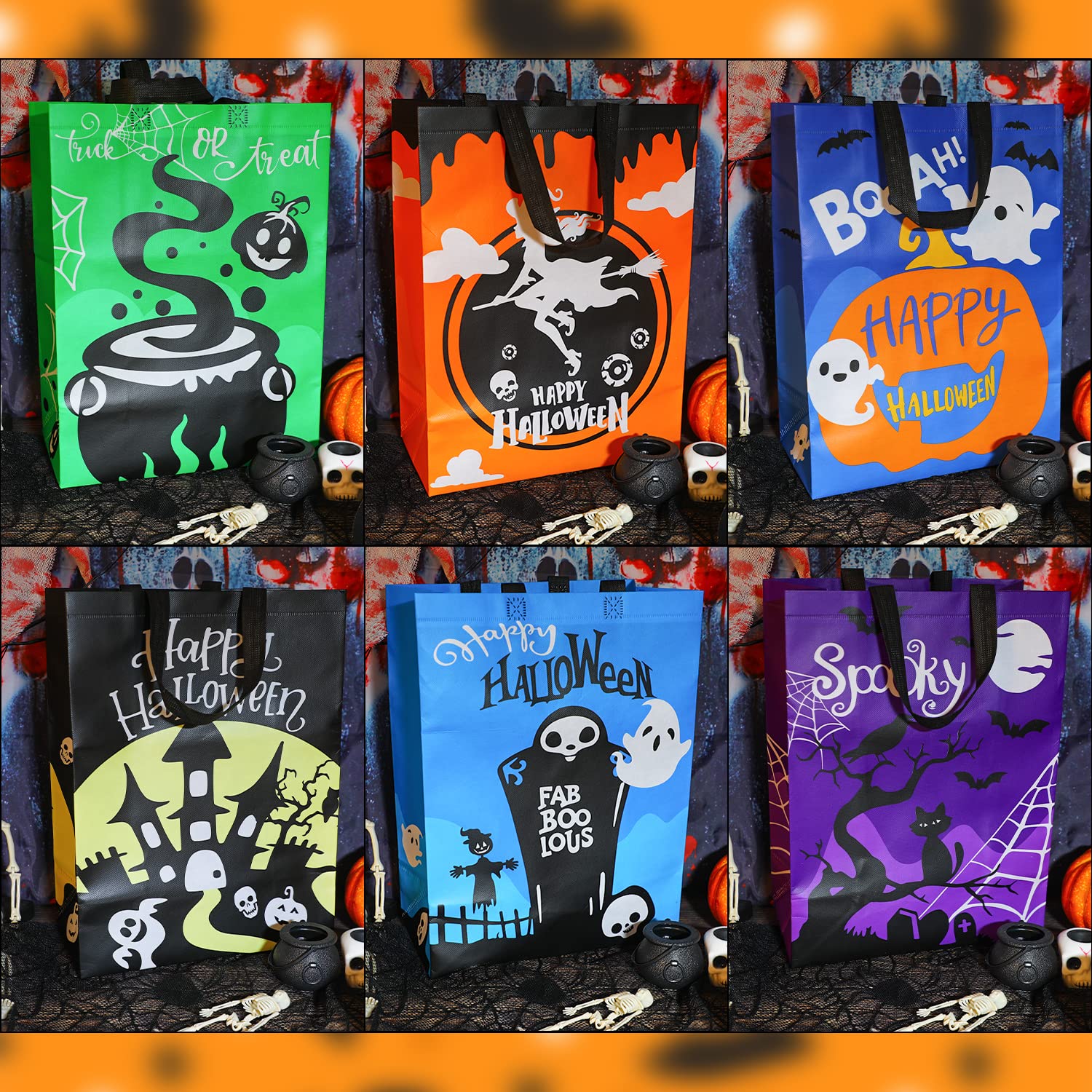 DERAYEE 6 Pcs Halloween Trick or Treat Bags, Large Non-Woven Halloween Tote Bags with Handles, Reusable Goodie Gift Bags Multipurpose Bags for Halloween Party Favors Supplies (15.6" x 11.6" x 5.9")