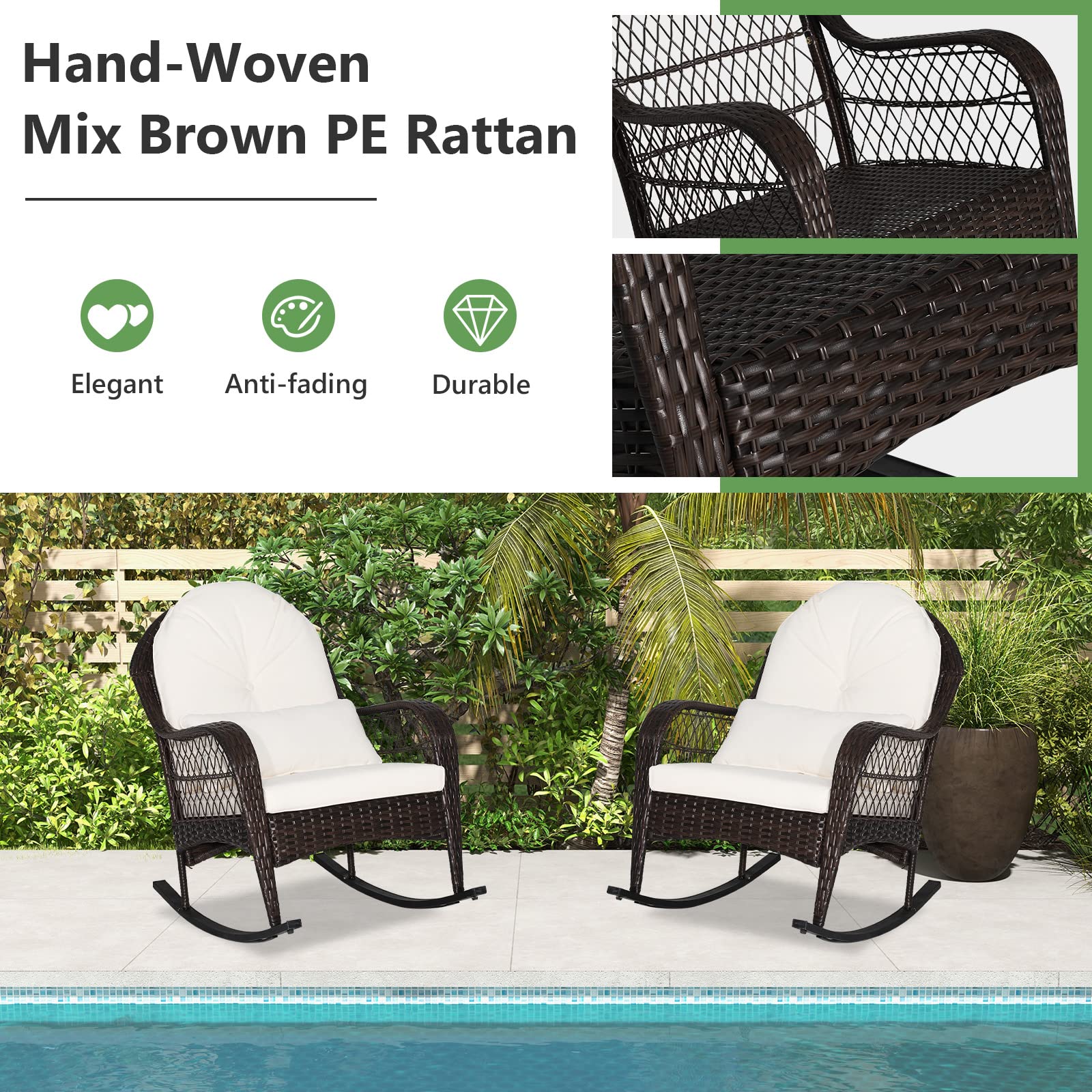 ORALNER Patio Wicker Rocking Chair, Outdoor PE Rattan Rocker with Seat and Back Cushion, Waist Pillow, Armrests, Garden Chair for Porch, Backyard, Poolside, Deck (1, Off White)