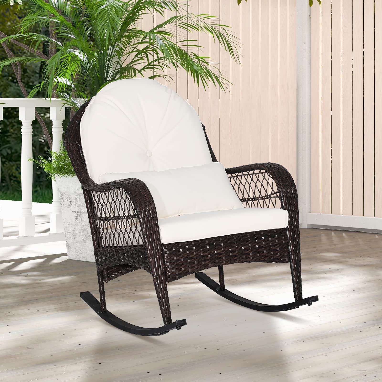 ORALNER Patio Wicker Rocking Chair, Outdoor PE Rattan Rocker with Seat and Back Cushion, Waist Pillow, Armrests, Garden Chair for Porch, Backyard, Poolside, Deck (1, Off White)