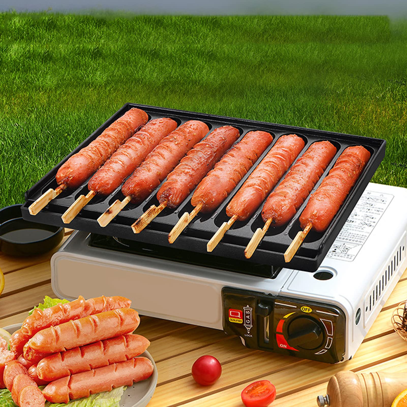 Asixxsix Cast Iron Sausage Pan, Nonstick 8 Grids Sausage Grilling Pan Smokeless BBQ Grilling Pan Hot Dog Pan for Stove Top Pre Seasoned Square Grill Pan for Turkey Sausages, Hot