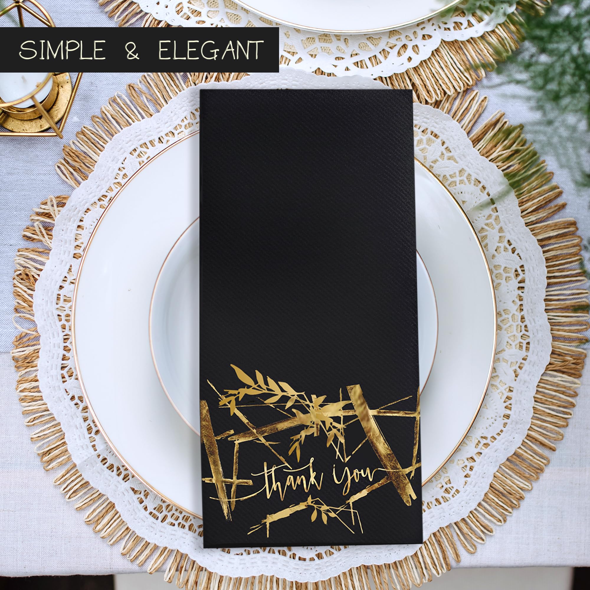 Black and Gold Napkins for Wedding Reception, Soft and Absorbent Fancy Paper Napkins for Party 50-Pack, Disposable Dinner Napkins, Thank You Napkins, 3-Ply Fold, 12" x 17", Thick 55gsm