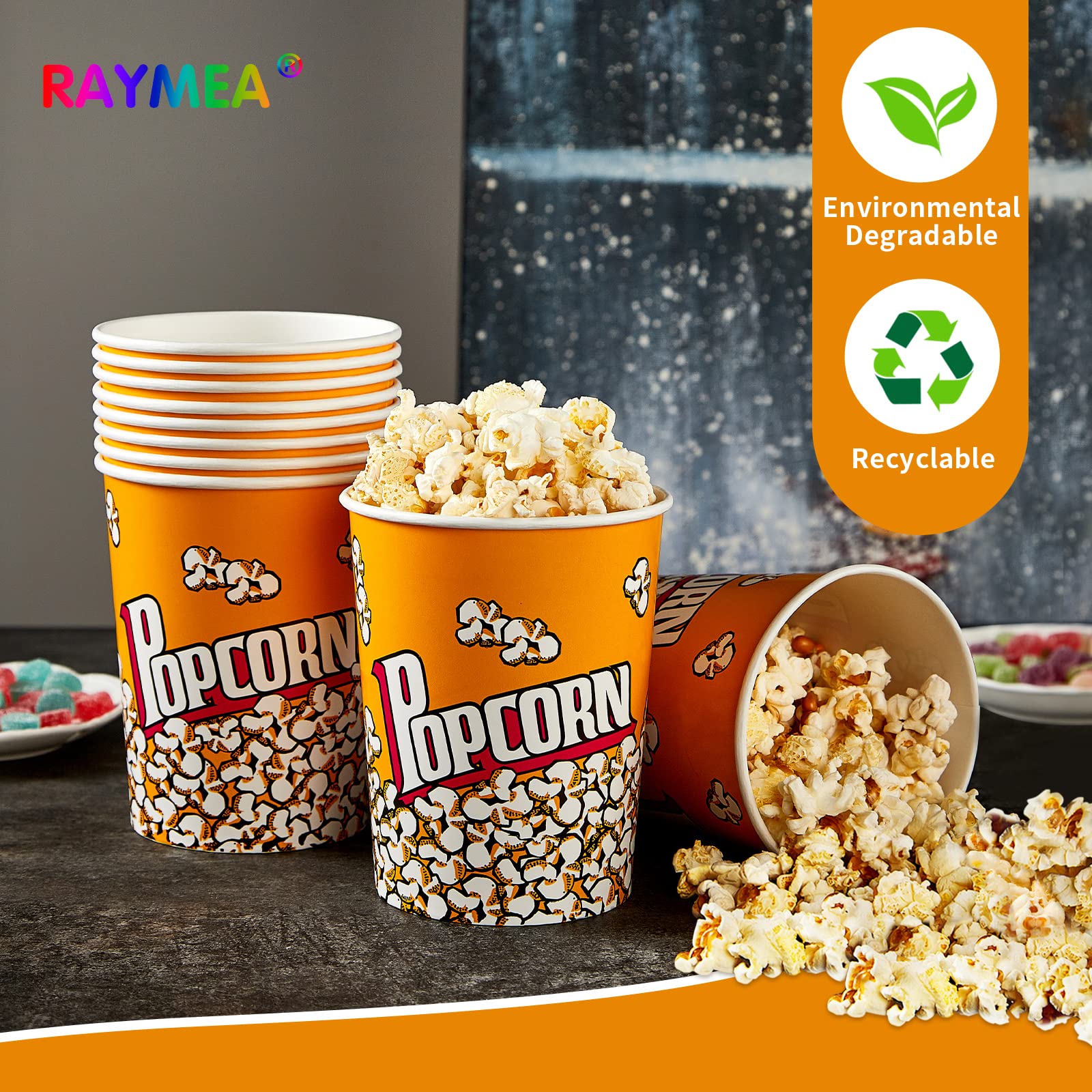 RAYMEA Popcorn Buckets Disposable 32oz Retro Style Paper 25 Pack Leak Proof Popcorn Containers Popcorn Bowls for Family Movie Night & Party