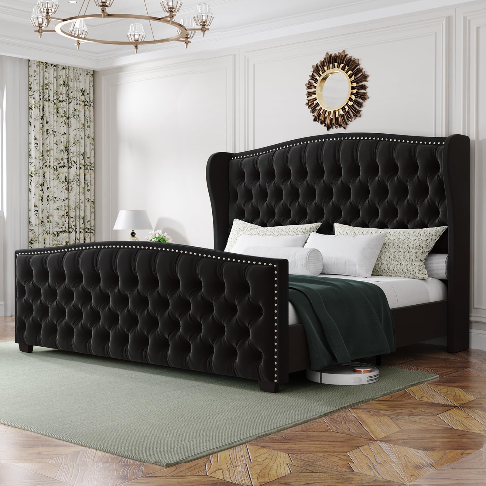 LUXOAK King Platform Bed Frame with Wingback Headboard, Velvet Upholstered Bed Frame with Handmade Button Tufted & Nailhead, Wooden Slats Support, Black