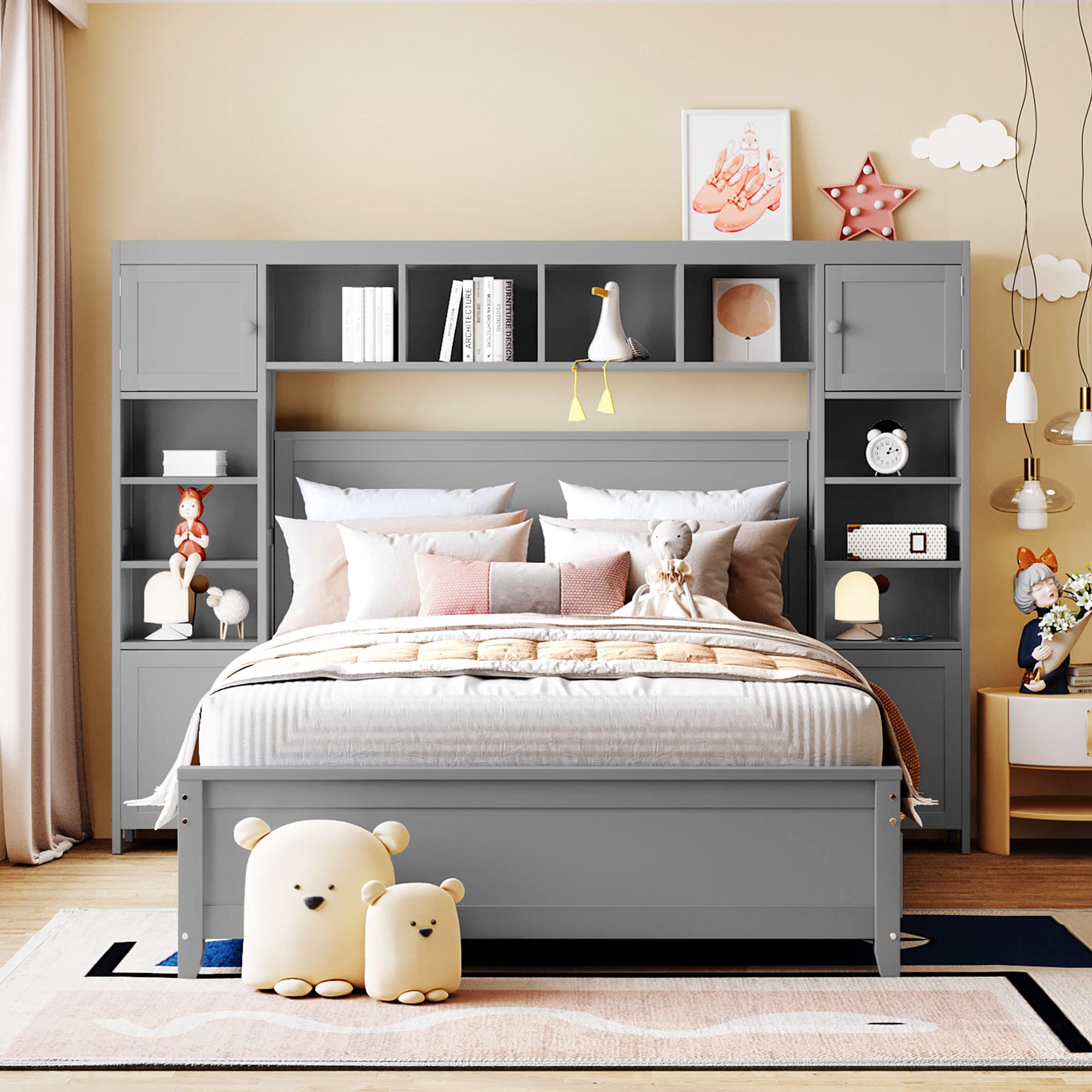 Harper & Bright Designs Full Storage Bed with Bookcase Headboard, Full Size Platform Bed with 4 Storage Drawers, Solid Wood Full Bed Frame with Cabinet and Shelf, No Box Spring Needed (Gray)