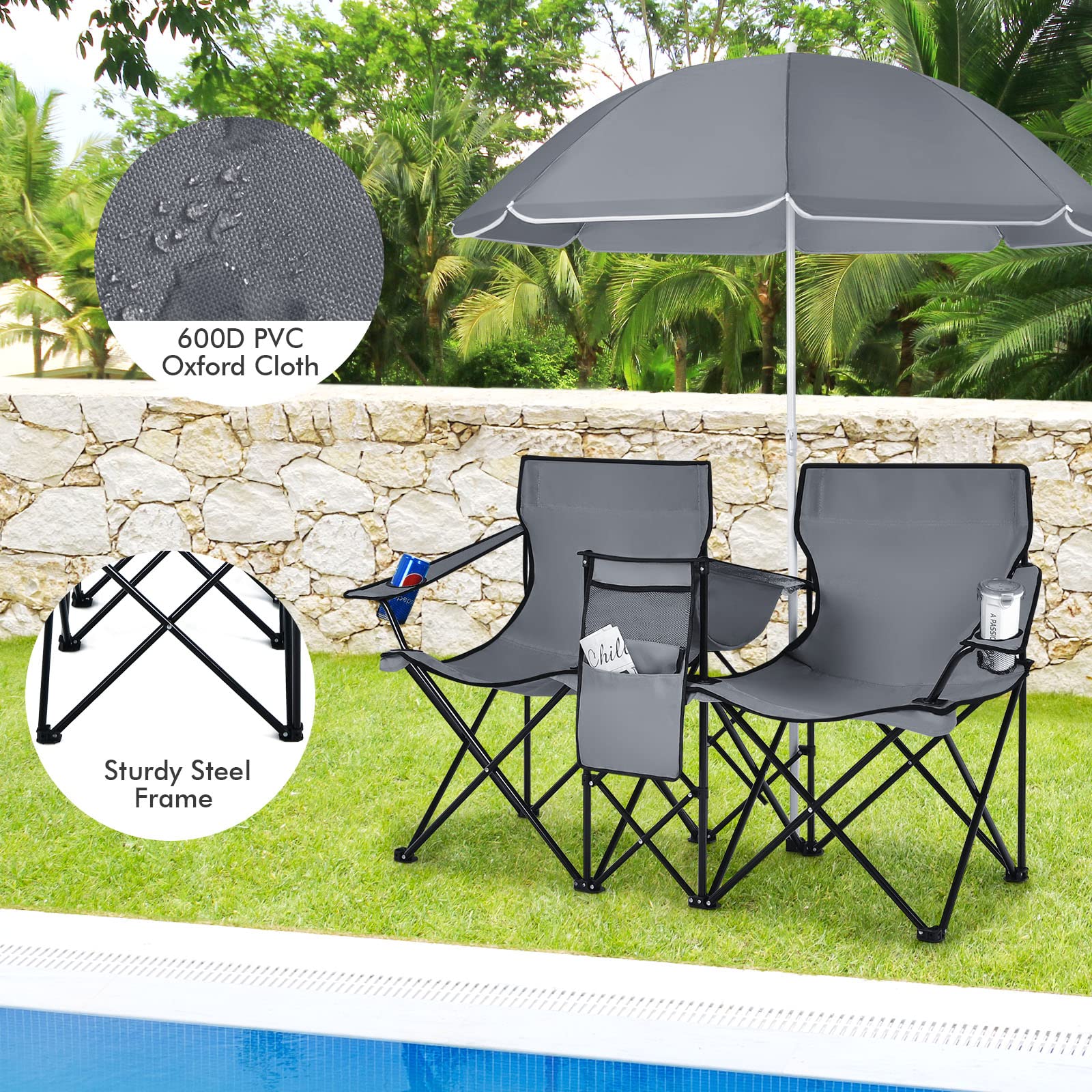 OP70621GR Double Portable Picnic Chairs, Grey